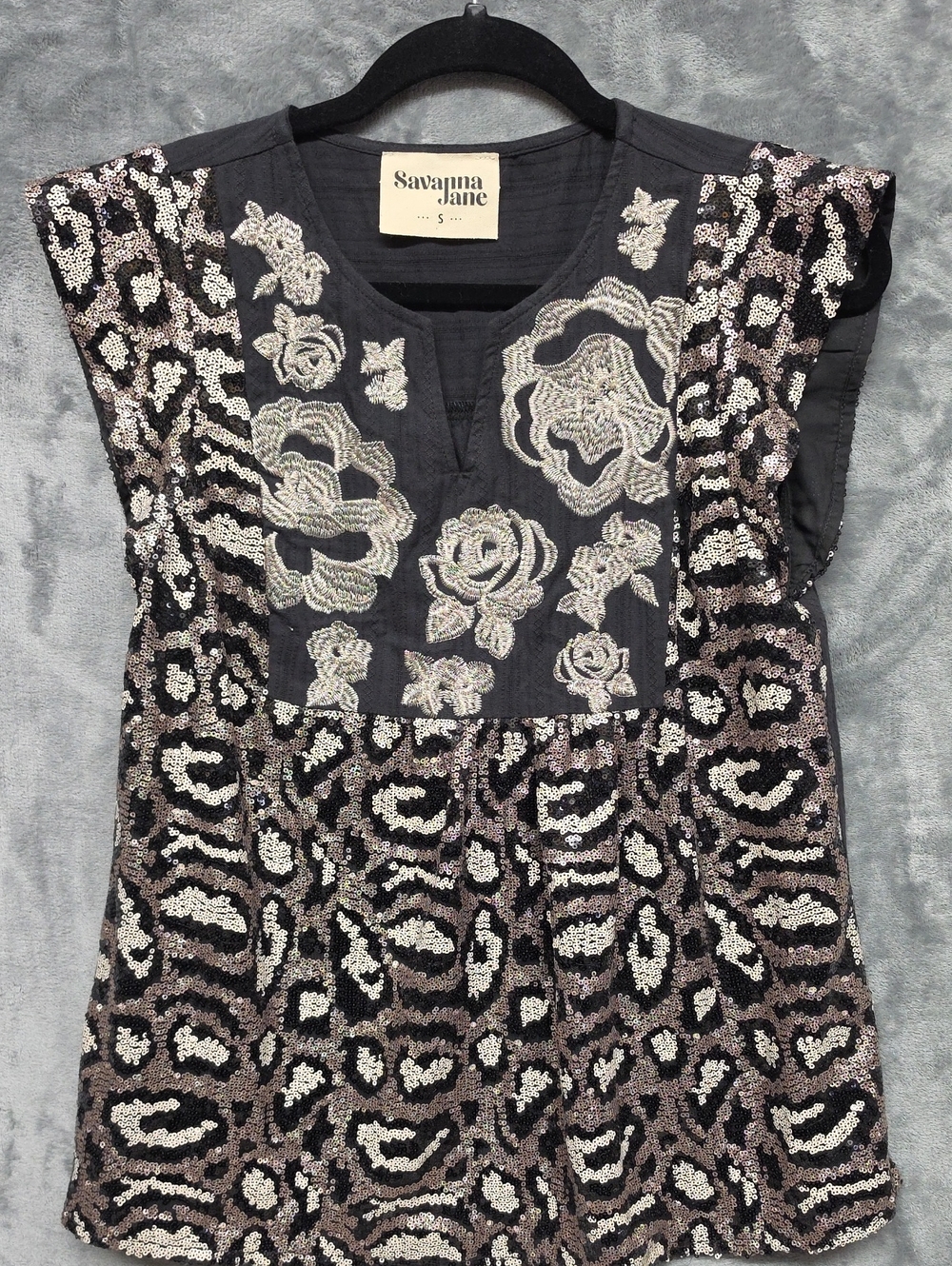 Savanna Jane Black Top with Silver Sequin Floral & Animal Embroidery